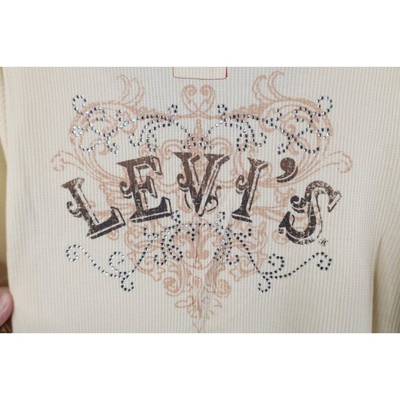 Vtg Y2K Levis Woemns Large Babydoll Cropped Thermal Waffle Knit Henley T-Shirt - Picture 11 of 14